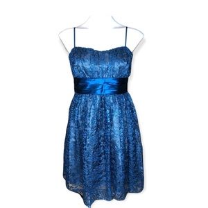 TRIXXI Semi Formal Mini Dress Peacock Blue Teal Metallic Lace Bow Size 9